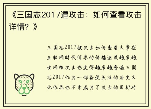 《三国志2017遭攻击：如何查看攻击详情？》